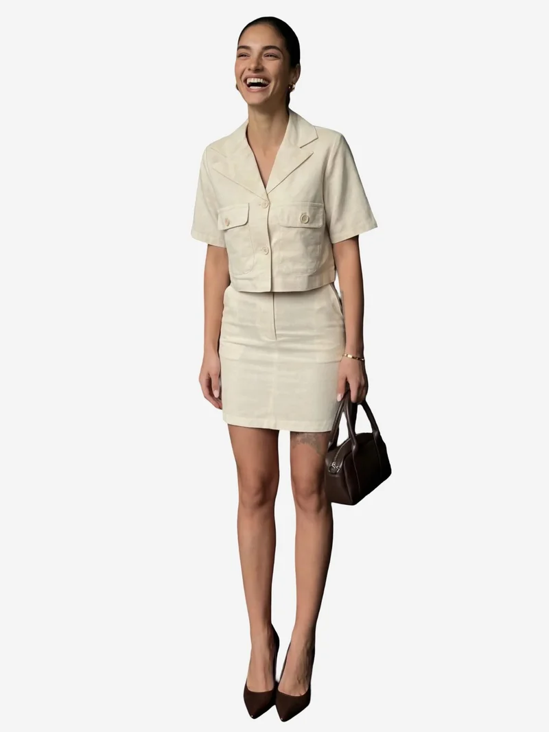 MY FASHION Beige Natural MY FASHION Short Sleeve Crop Shirt & Mini Skirt Two-Piece Set for Women | Best Price UAE